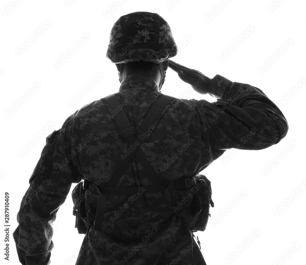 Silhouette of saluting soldier on white background, back view Silhouette of saluting soldier on white background, back view