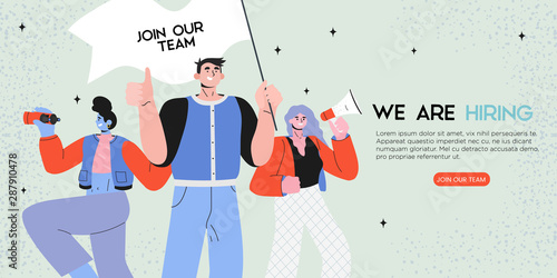 Vector illustration of people shouting in loud speaker and recruiting new employees, workers. We are hiring or job recruitment banner, poster, flyer or landing page concept for ui, web or mobile app.