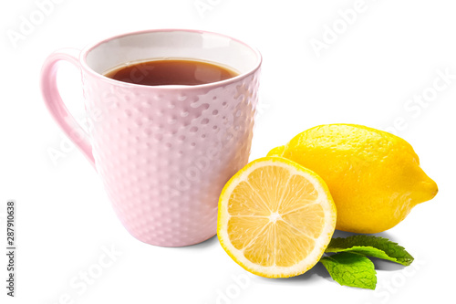 Cup of tasty tea with lemon and mint on white background