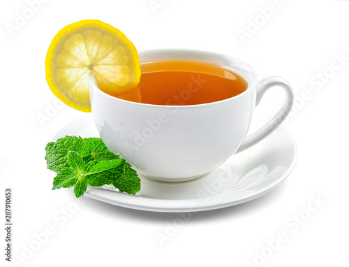 Cup of tasty tea with lemon and mint on white background