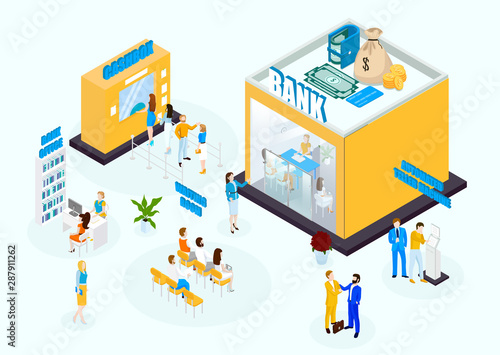 Bank office isometric set with workers