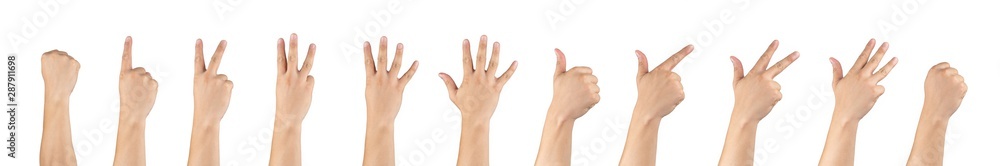 Asian male back hands counting zero to ten isolate white background in studio light - with clipping path. Asian male back hands counting zero to ten isolate white background in studio light - with clipping path.