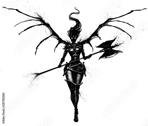 Graceful demon woman with axe and clawed wings, gracefully steps forward . 2D Illustrations. photo