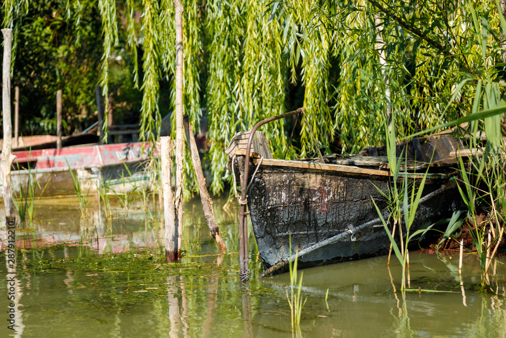Naklejka premium boat on the lake shore
