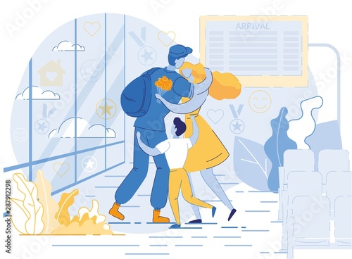 Military man, Serviceman Hugging Wife and Son.