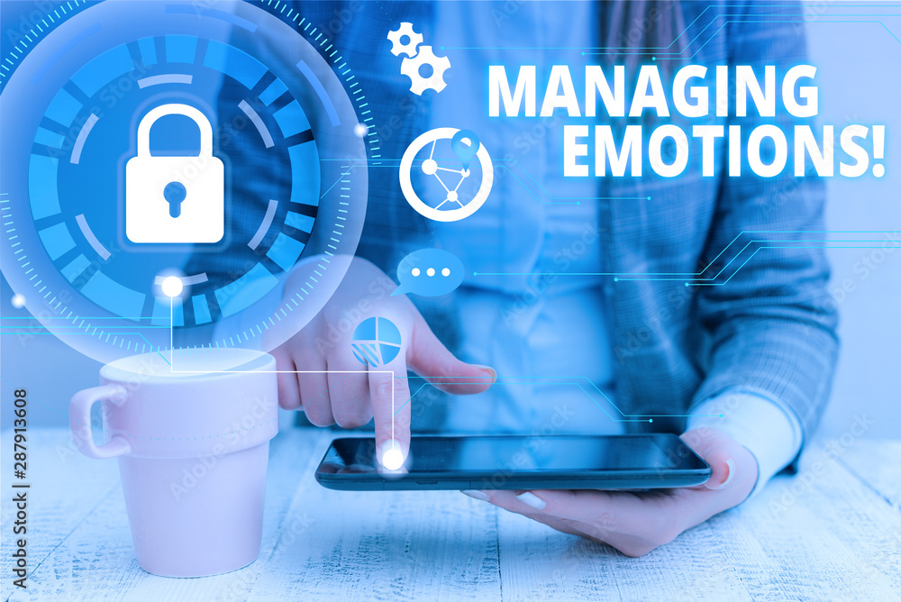 Text sign showing Managing Emotions. Business photo showcasing ability be open to feelings and modulate them in oneself woman icons smartphone computer tablet office supply technological device Text sign showing Managing Emotions. Business photo showcasing ability be open to feelings and modulate them in oneself woman icons smartphone computer tablet office supply technological device