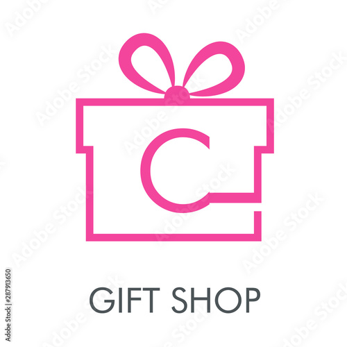 Logotipo con texto GIFT SHOP con letra C en caja de regalo lineal en color rosa