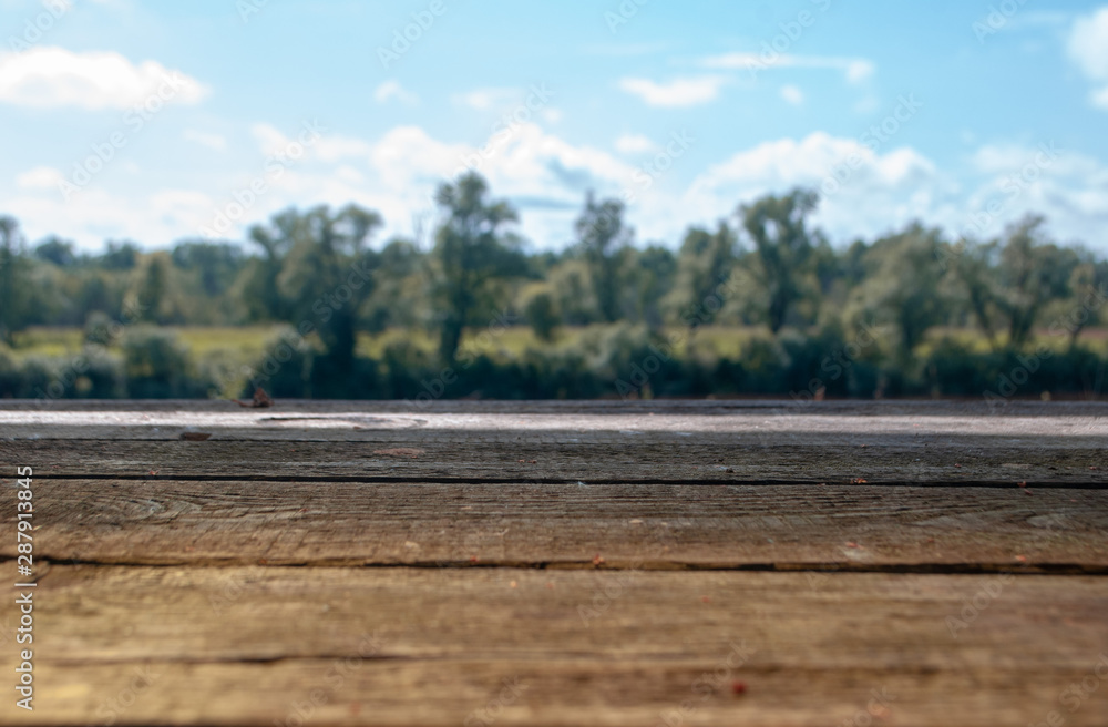 large wooden table in the background of nature, wooden tabletop for advertising on the background of trees and grass, large wooden table in the background of nature, wooden tabletop for advertising on the background of trees and grass,