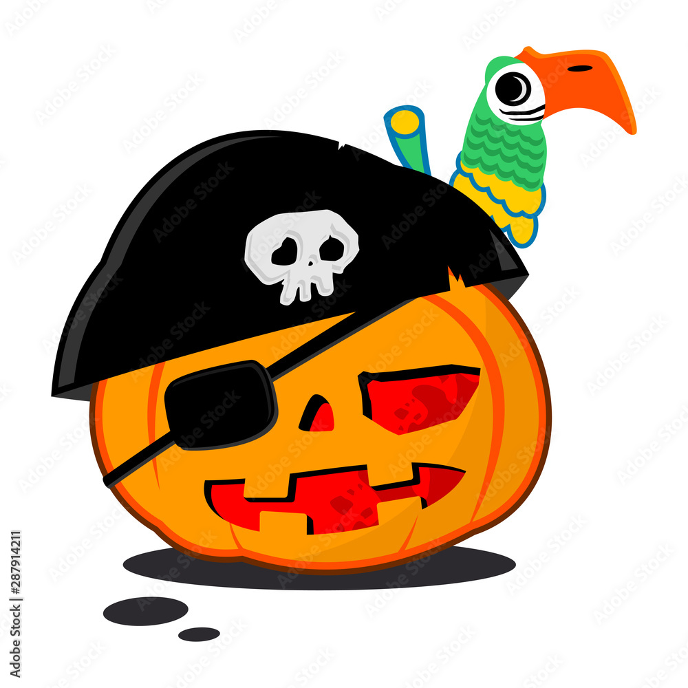 Fototapeta premium Pumpkin in pirate costume with a parrot. Vector character for Halloween isolated on a white background.