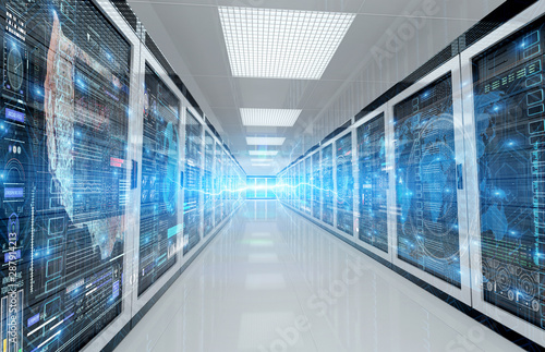 Servers data center room with storage systems and digital graphs and charts 3D rendering