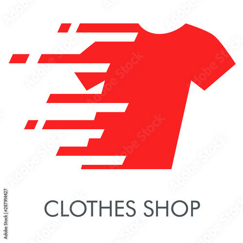 Logotipo con texto CLOTHES SHOP con camiseta con líneas de velocidad en color rojo