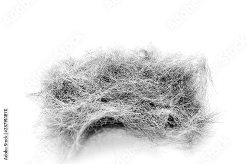 Macro Image of Black and White Cat Hair Collected After Grooming Session. Isolated on White Background.