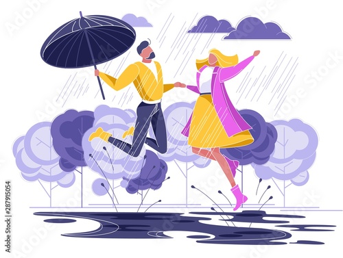 Couple in Love Running under Rain with Umbrella.