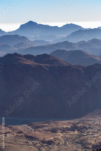 Egypt. Bedouin village. Mount Sinai in the morning at sunrise. (Mount Horeb, Gabal Musa, Moses Mount). Pilgrimage place and famous touristic destination.