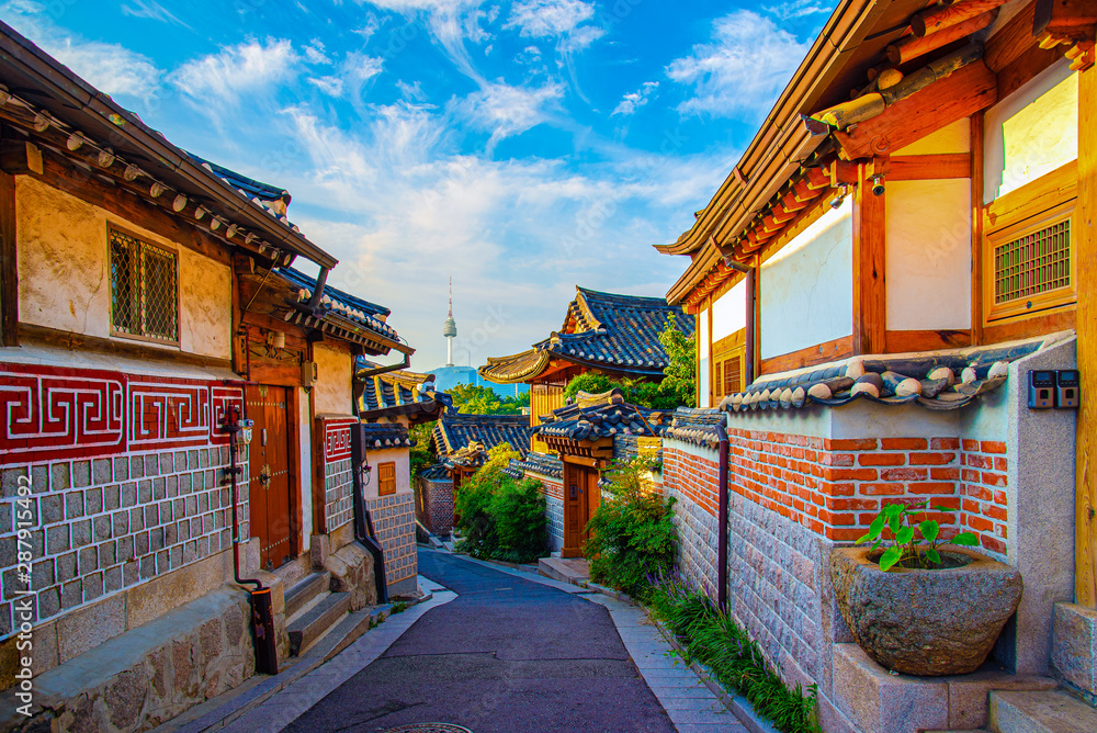 custom made wallpaper toronto digitalMorning atmosphere of Bukchon hanok village and seoul tower background,south korea.