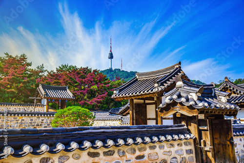 Morning atmosphere of Namsangol traditional village and seoul tower,south korea.