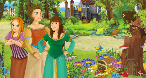 cartoon scene with happy young girl princess and her mother in the forest near some castles - illustration for children