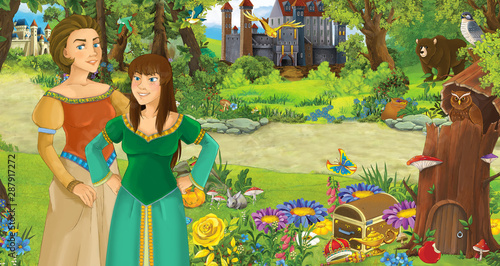 cartoon scene with happy young girl princess and her mother in the forest near some castles - illustration for children © honeyflavour