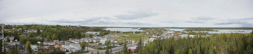 Yellowknife,Canada-September 1, 2019: Panoramic view of Back Bay, Old town and Yellowknife Bay of Yellowknife, Canada