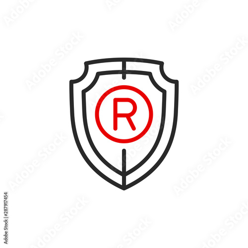 shield Registered trademark outline flat icon. Single quality outline safety logo for web design or mobile app. Thin line shield protect logo. Black and red icon security isolated on white background
