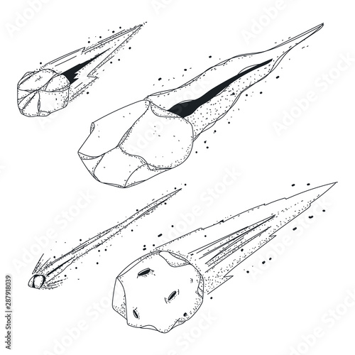 Meteor doodles vector sketch icons set isolated on a white background.