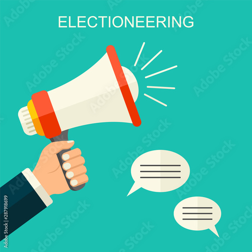Electioneering flat style vector background. Cartoon human hand holding megaphone. social media promotion marketing illustration.
