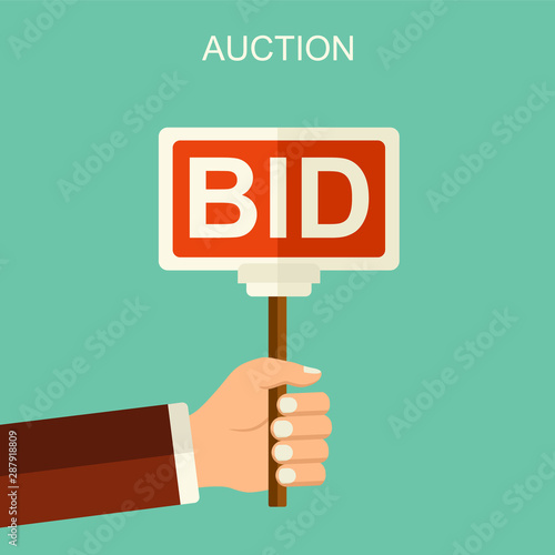 Vector flat style auction and bidding concept. Hands holding auction paddle. Flat vector illustration with hands and banners BID.