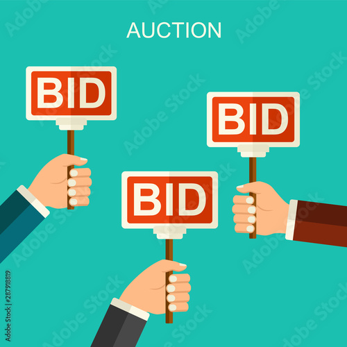 Vector flat style auction and bidding concept. Hands holding auction paddle. Flat vector illustration with hands and banners BID.