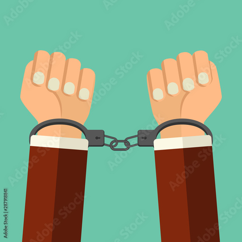 Vector illustration handcuffs on hands of  criminal man. Arrested man in handcuffs flat style illustration. A crime, arrest, business and corruption concept.