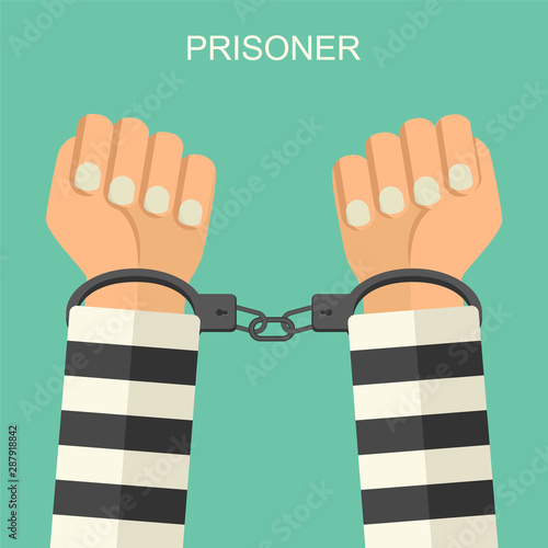 Vector illustration handcuffs on hands of  prisoner. Arrested criminal man in handcuffs flat style illustration. A crime, arrest, prison and corruption concept.
