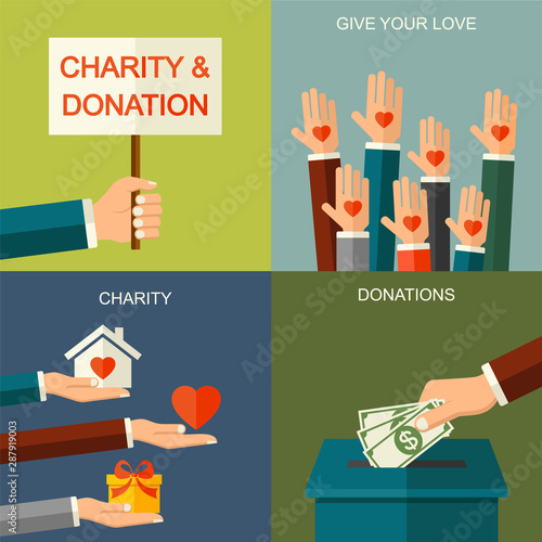 Vector charity and donation concept. Banner illustration with social charity and donation icons and symbols, flat style. 