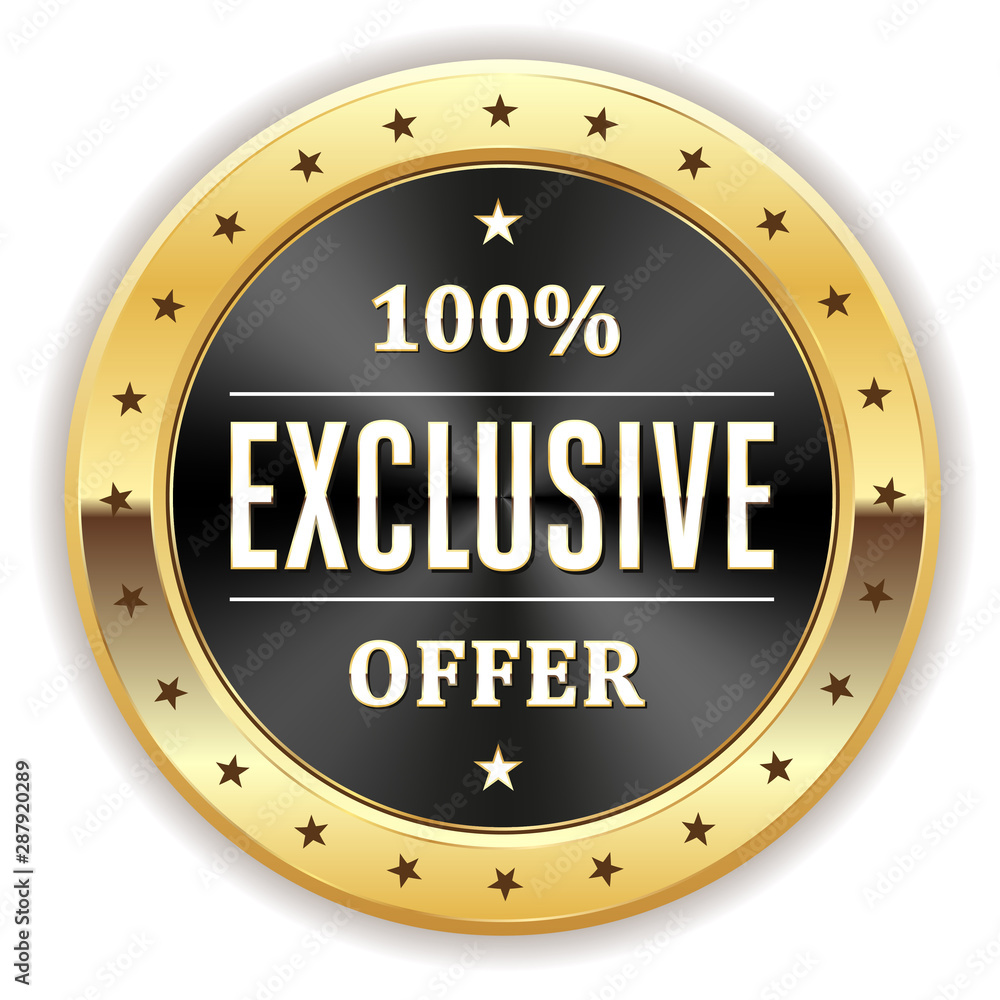 Black 100% Exclusive Offer Button With Gold Border