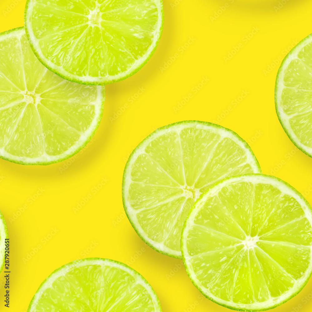 A seamless pattern of lime slices on a vibrant yellow background, a fruity citrus repeat print