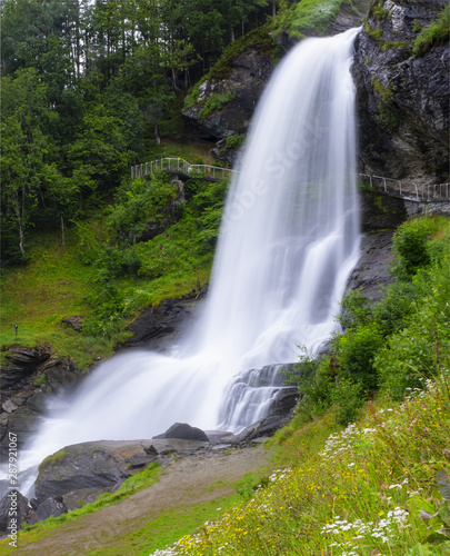 Popular waterfalls in Norway. The Steinsdalsfossen has a fall of 50 m and is special because you can walk safe and dry behind it.
