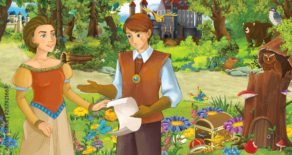 Naklejka premium cartoon scene with happy young girl and boy prince and princess in the forest near some castles - illustration for children