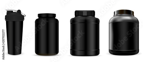Whey Protein Supplement Bottle. Sport Jar Mockup. Powder Nutrition Container for Fitness in Gym. Plastic Drink Canister Body Gainer. Workout Shake. Tube for Bodybuilding Dietary: Pill, Capsule