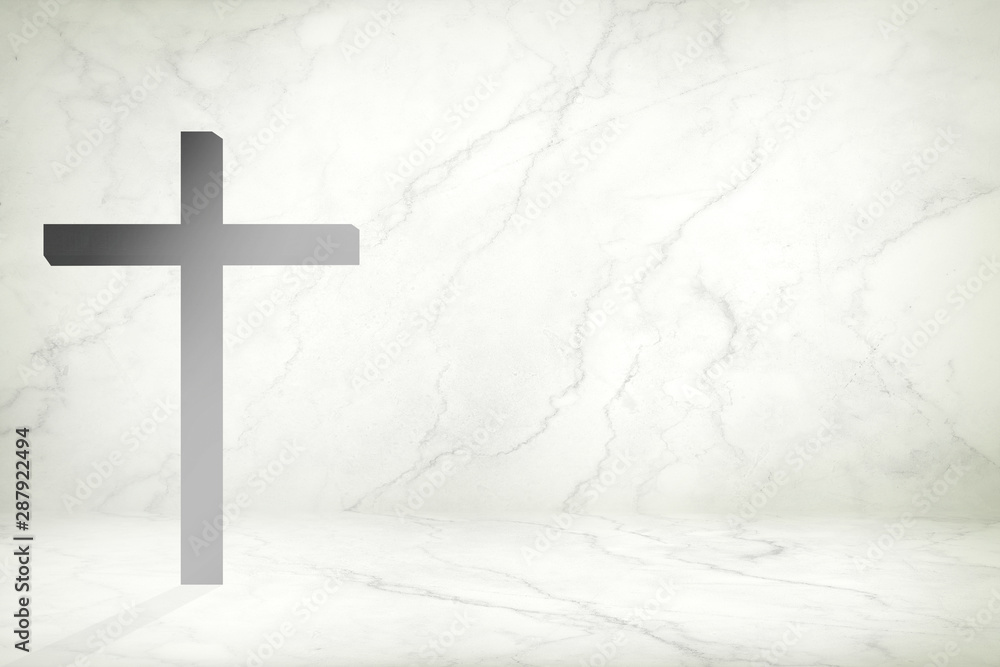 White Marble Room Background with Light Leak on Christ Cross, Suitable for Christian Religion Concept.