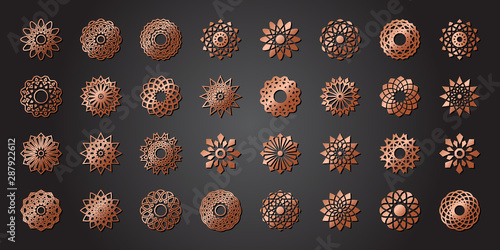 vector collection of bronze oriental flowers on grey background