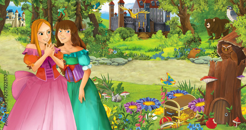 cartoon scene with happy young girl princess in the forest near some castles - illustration for children