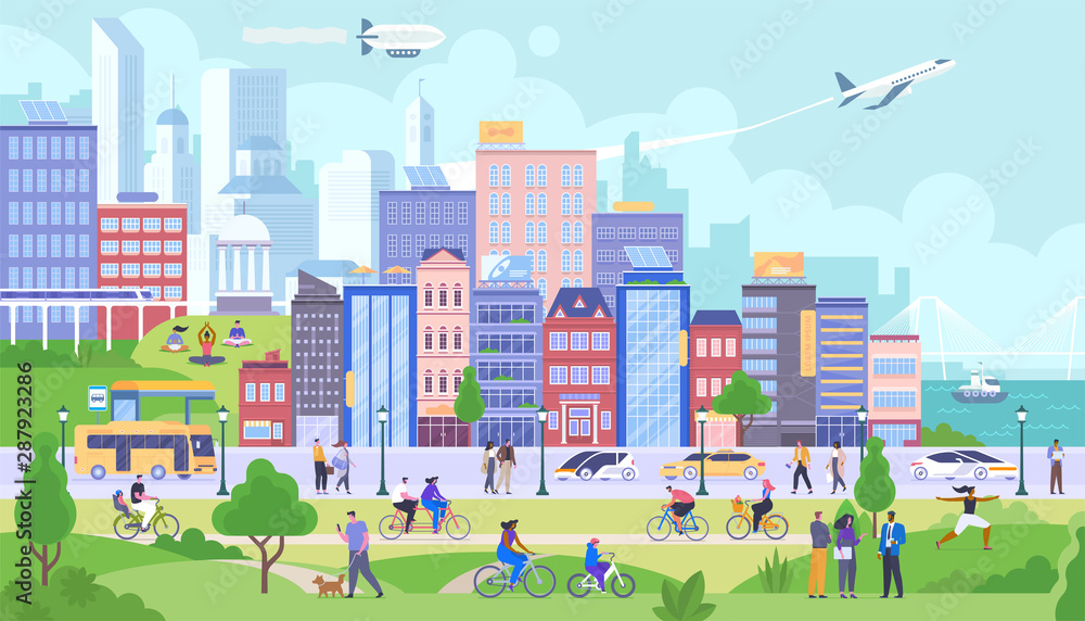 Modern city panorama flat vector illustration