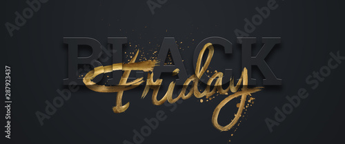 Black friday sale inscription gold letters on a black background, horizontal banner, design template. Copy space, creative background. 3D illustration, 3D design. photo