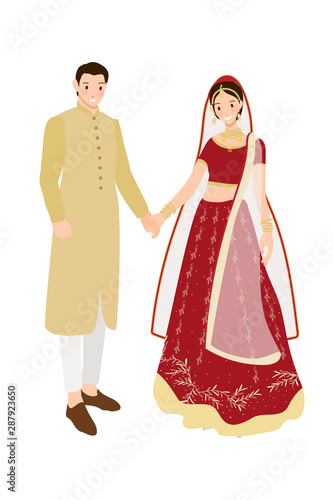 beautiful Indian couple bride and groom in traditional wedding sari dress eps10 vec
