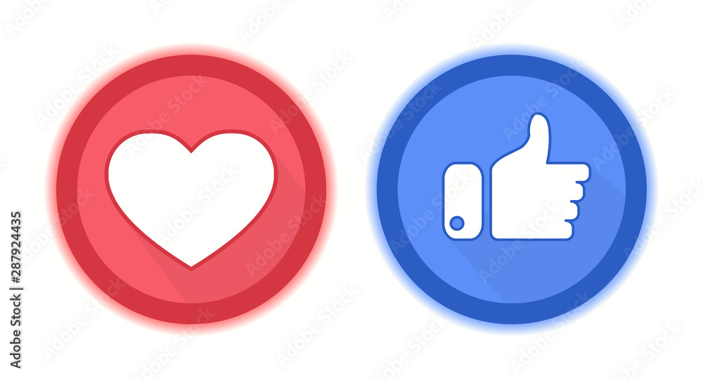 Red Heart and blue thumbs up flat style logos abstract background. Like concept. Love, sale, design concept. Vector illustration Red Heart and blue thumbs up flat style logos abstract background. Like concept. Love, sale, design concept. Vector illustration