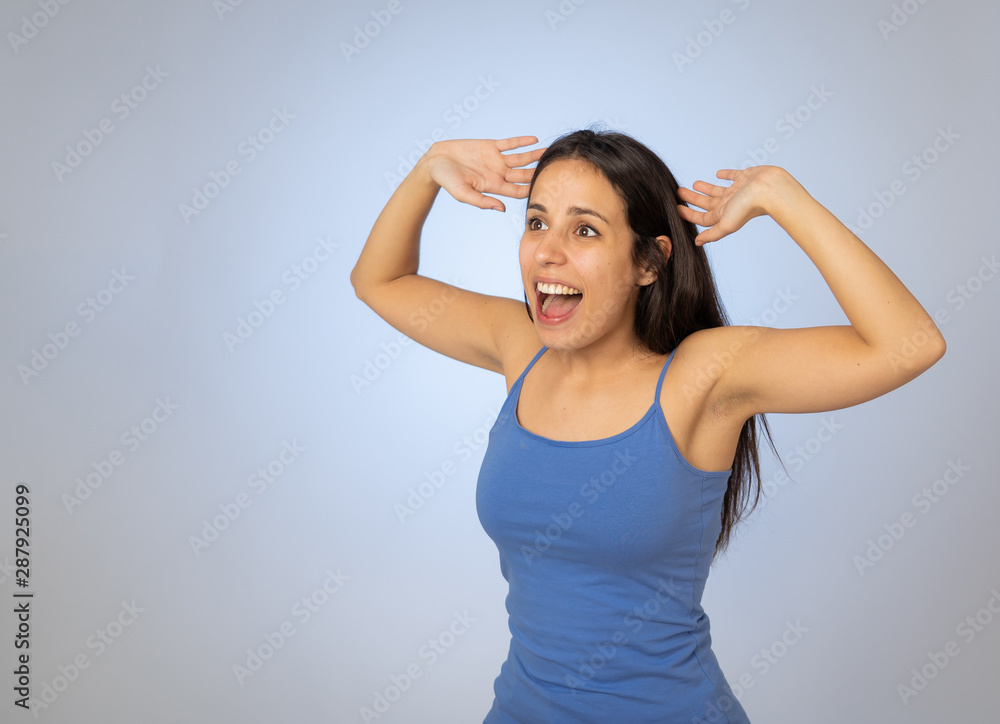 Close up portrait of surprised and happy woman feeling lucky Close up portrait of surprised and happy woman feeling lucky