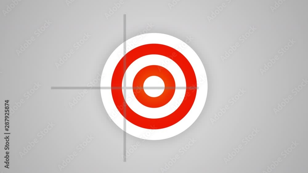 Goal pursuit concept. Crosshair of rangefinder aims directly at the center of target. Red and white target on light gray background. Goal pursuit concept. Crosshair of rangefinder aims directly at the center of target. Red and white target on light gray background.