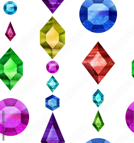 Seamless pattern beads handmade watercolor crystals gems and gemstones. Decorative background perfect for a gift of paper, card or textile fabric.