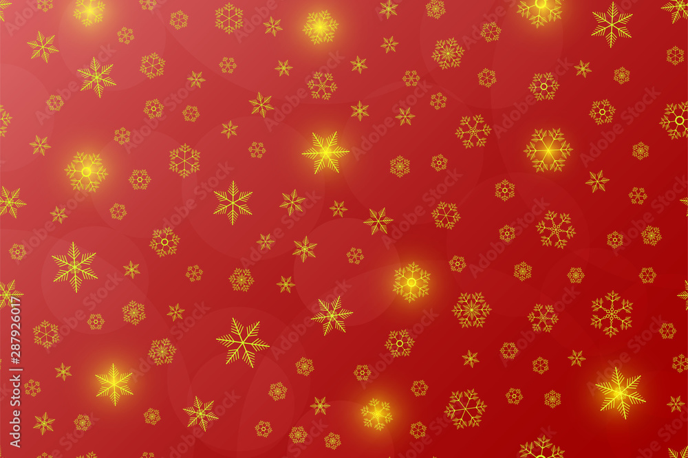 Golden snowflies on a red  background. Vector illustration