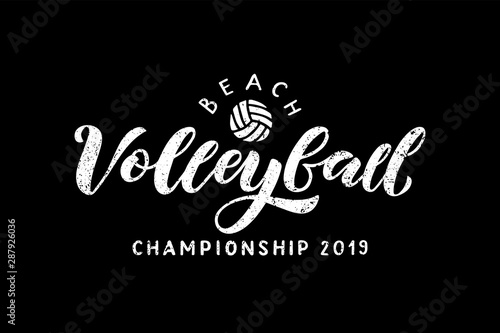 Beach volleyball hand written lettering logo with ball on black background.