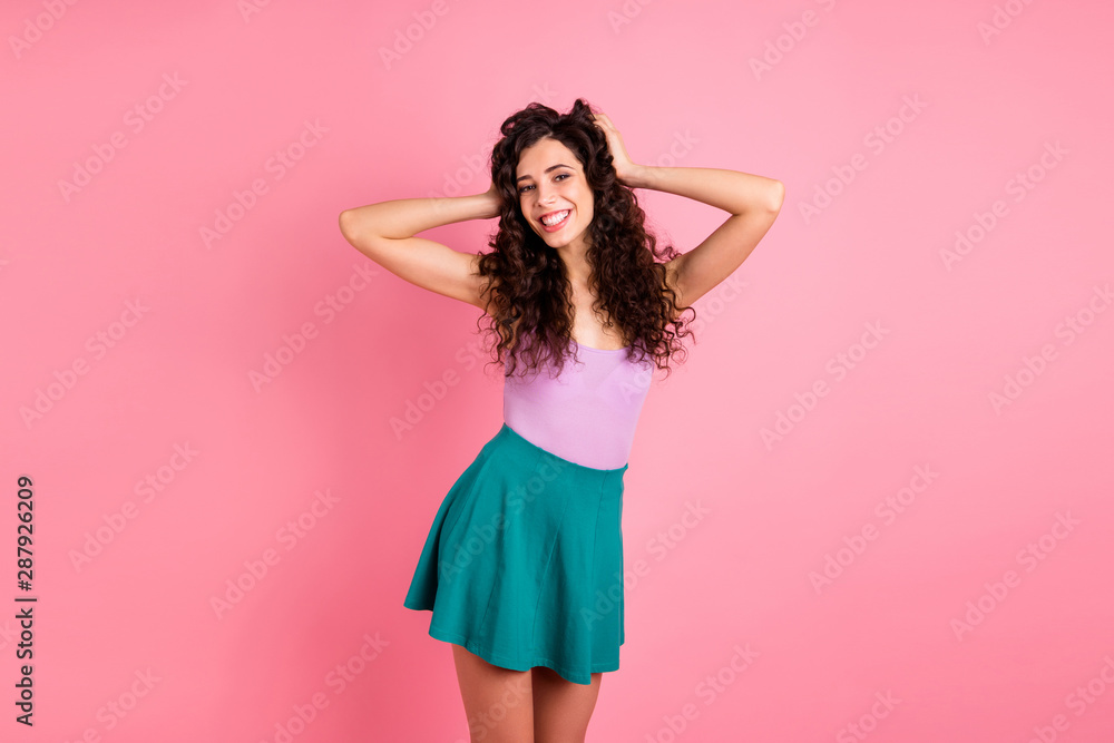 Photo of cheerful nice cute confident girlfriend posing in front of camera isolated with pink background Photo of cheerful nice cute confident girlfriend posing in front of camera isolated with pink background