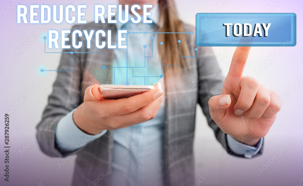 Word writing text Reduce Reuse Recycle. Business photo showcasing environmentallyresponsible consumer behavior Lady front presenting hand blue glow futuristic modern technology tech look Word writing text Reduce Reuse Recycle. Business photo showcasing environmentallyresponsible consumer behavior Lady front presenting hand blue glow futuristic modern technology tech look